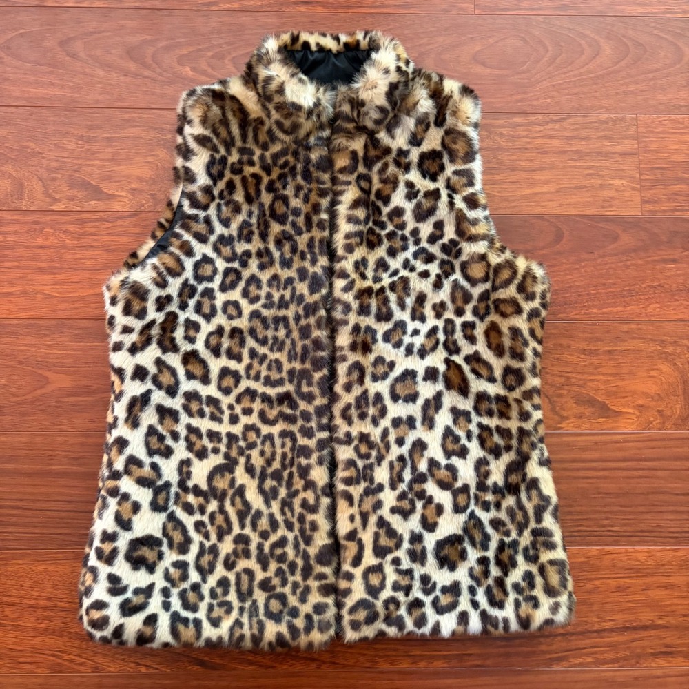 J. McLaughlin Reversible Faux Fur Leopard Print Quilted Puffer Vest Black XS